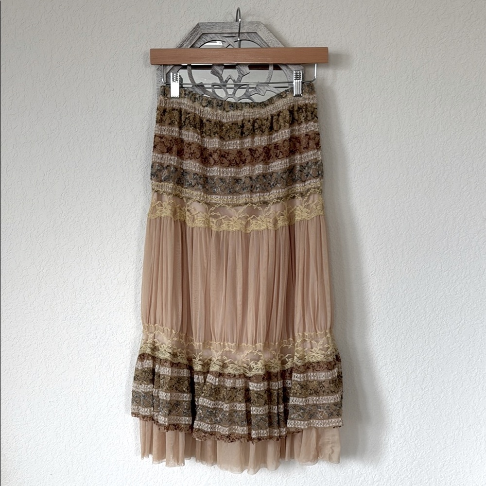 MOA USA • Beige Lace Tulle Tiered Pleated Boho Midi Maxi Skirt